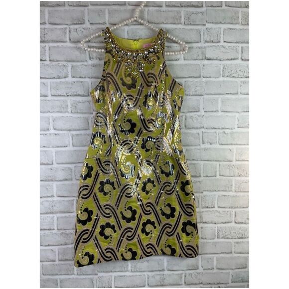 LILLY PULITZER METALLIC GREEN PEARL DRESS VINTAGE BROCADE Size 2 Holiday NEW - Picture 3 of 10